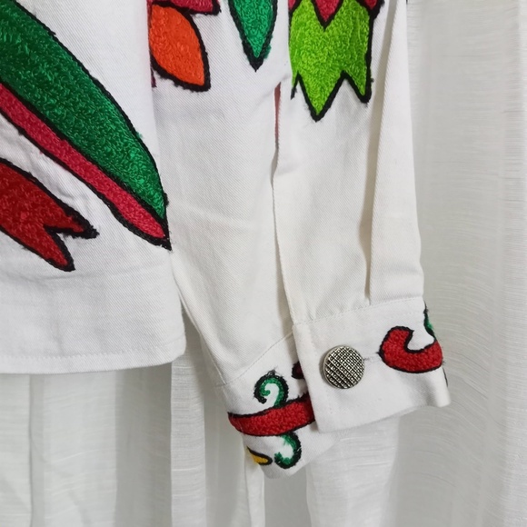 Coldwater Creek Embroidered Jacket Tropical Floral White Cotton Denim Buttons M - Picture 6 of 8